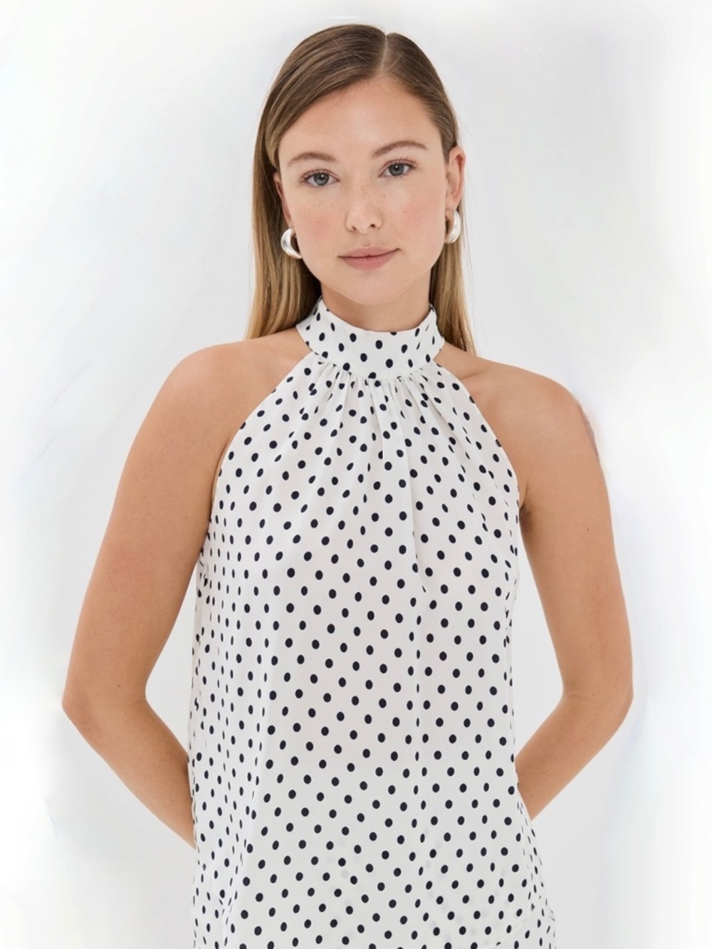 Veronica Beard "Kovi" stretch-silk mock neck white polka dot halter top-Medium/8